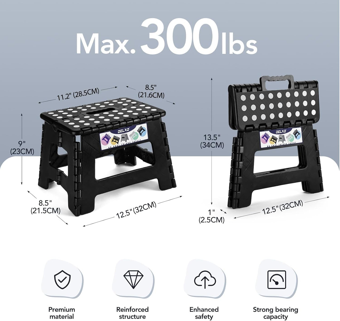 Delxo 9 Inch Folding Step Stool, Black Step Stools Foldable,Portable Collapsible Step Stool with Handle, Folding Stool for Kitchen Bathroom,Bedroom,Garden