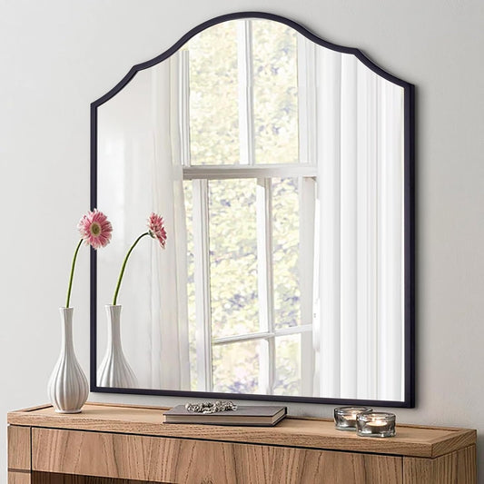 32"x30" Vanity Mirror for Wall, with Black Arched Decorative Metal Frame, Scalloped Entryway Mirror for Bedroom, Bathroom, Living Room