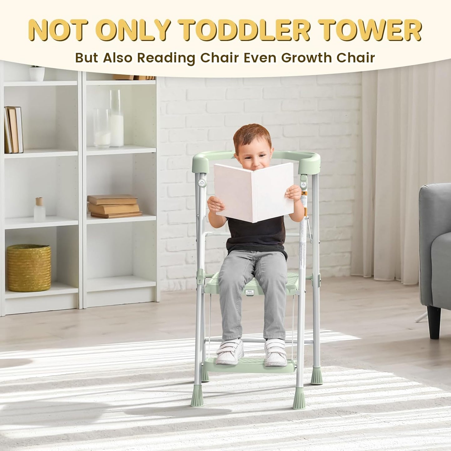 Kids Step Stool 2 Steps, Toddler Tower for Kitchen Counter Learning, Toddler Kitchen Stool Helper with Anti-Drop Safty Railing Kids Standing Folding Stepper, Green
