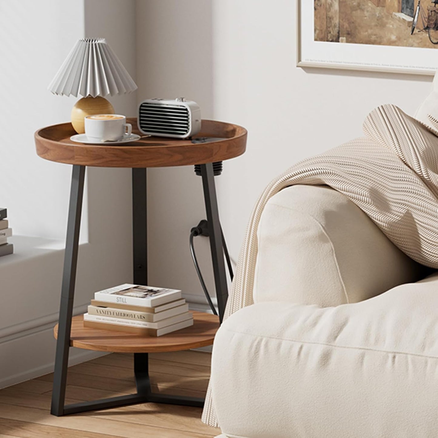 Gadroad Round End Table with Charging Station, USB Ports, Wood Tabletop & Black Metal Frame, 2-Tier Side Table for Living Room, Bedroom, Brown 15.7 * 15.7 * 23.0inches