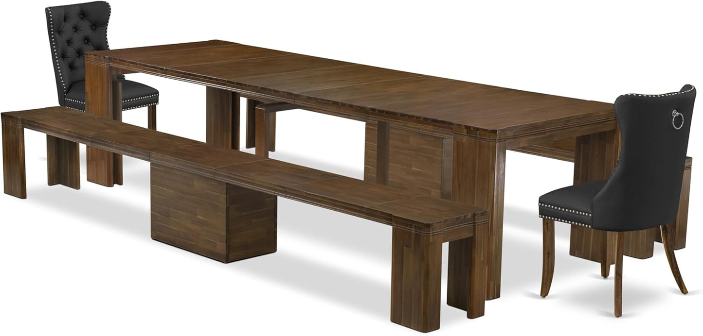 X02DA-208-12 - 5-Pc Kitchen Table Set includes an Extendable Rectangle Kitchen Table, 2 Polyester Fabric Dining Chairs and 2 Modern Benches, 39x120 Inch, Antique Walnut