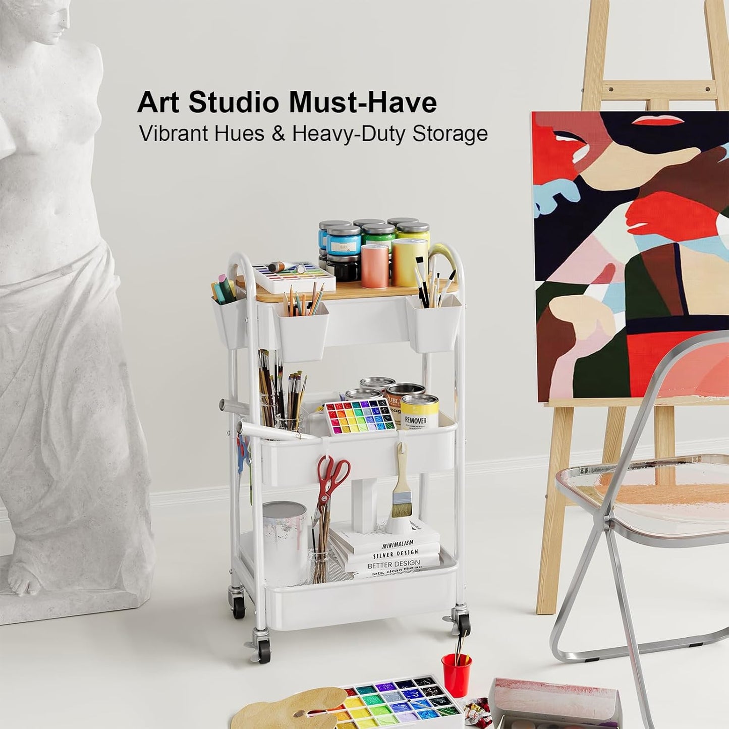 3 Tier Rolling Cart Metal with Wheels and Bamboo Table Top, Art Cart Organizer on Wheels, White Three Tiered Storage Utility Carts for Craft, Baby, Diaper Caddy,Coffee,Kitchen,Cleaning,Office Supplies