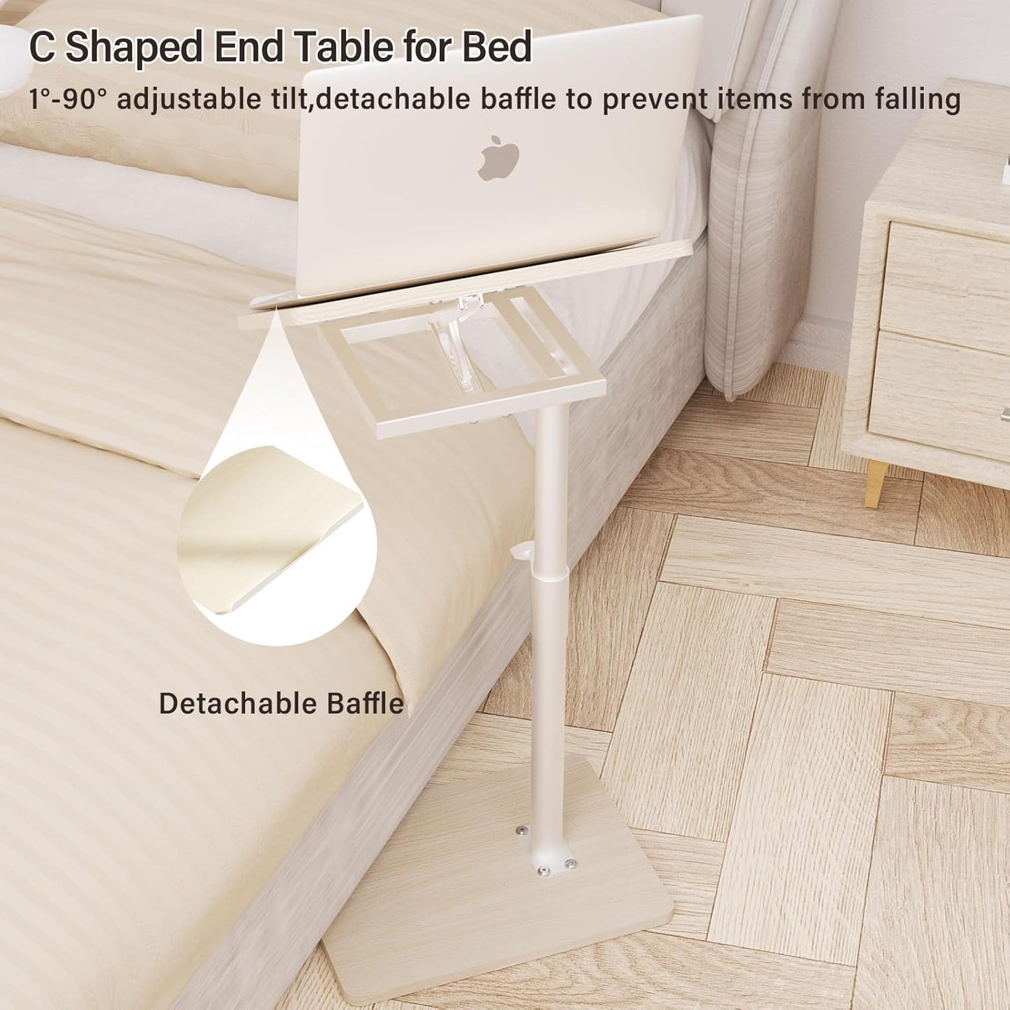 Sofa Armrest Tray Table for Couch - 360° Swivel Height Adjustable End for Small Spaces, Snack Side Table for Bed or Chair with Phone & Tablet Slot (Oak,Angle Adjustable)