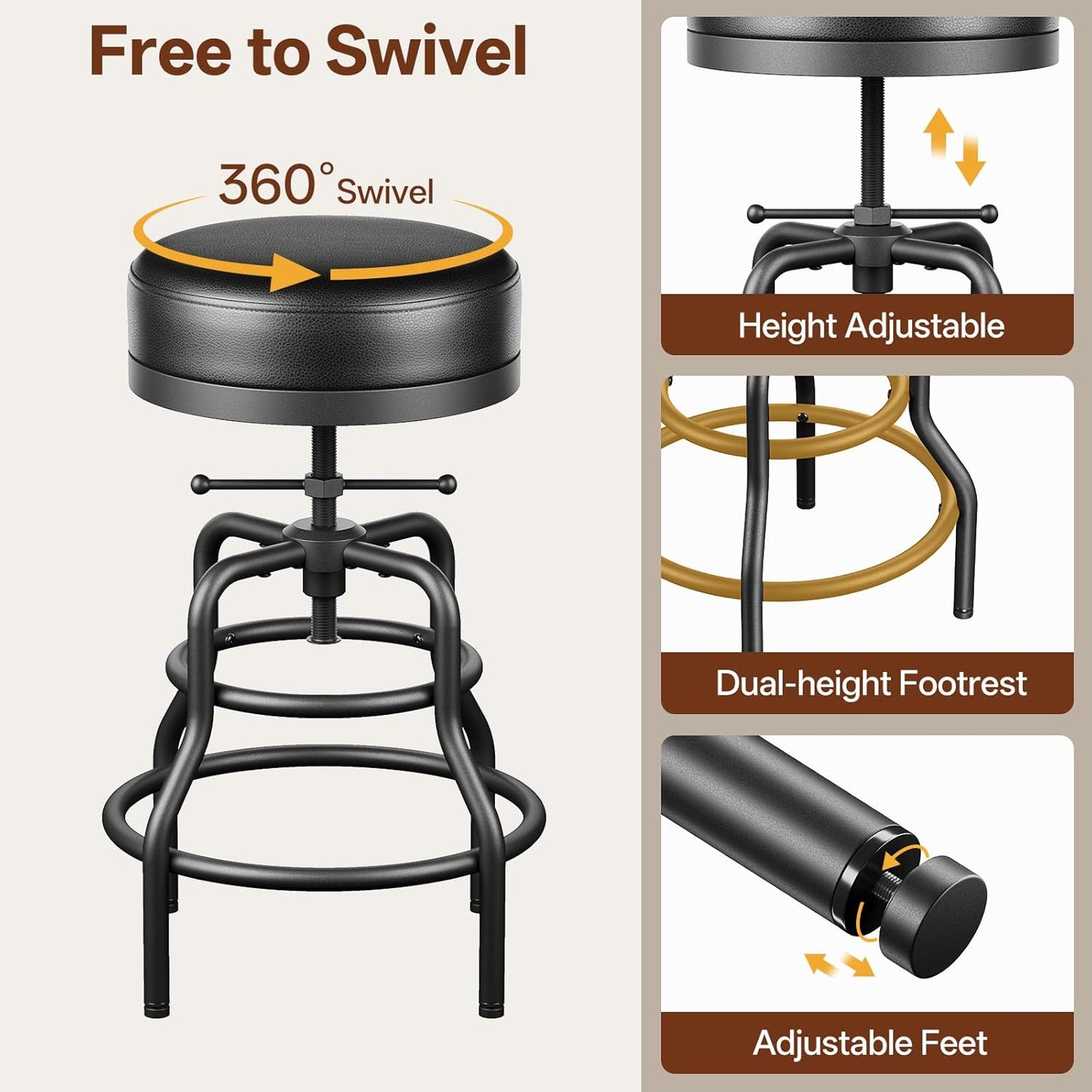 Adjustable Height Swivel Bar Stools Set of 3, 22-29 Inch Industrial Vintage Bar Counter Height Stools with Thicken Premium Bonded Leather Seats & Updated Footrests, Easy Assembly, Black