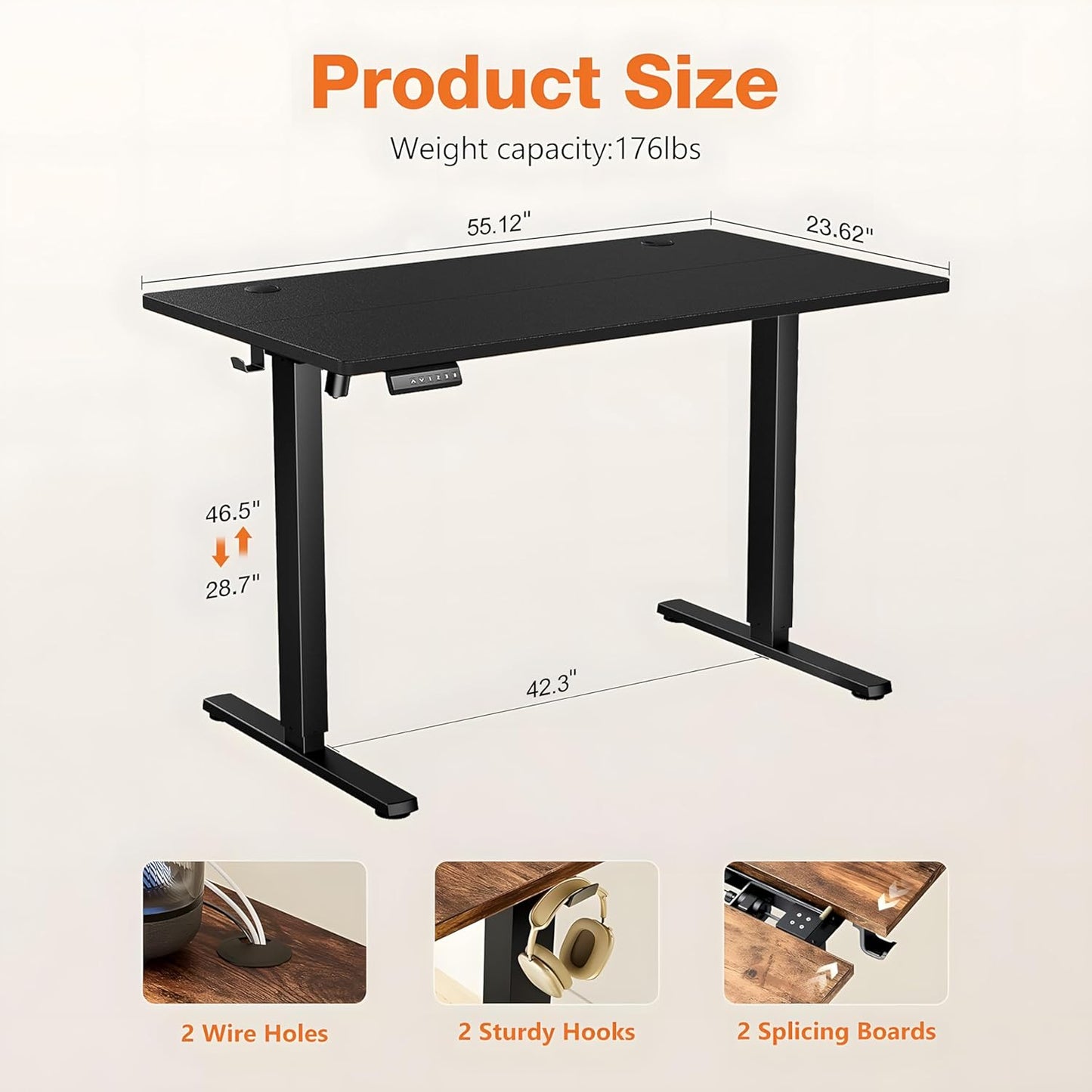 Standing Desk Adjustable Height, 55 x 24 in Electric Sit Stand up Desk for Home Office, Ergonomic Workstation Computer Desk with Two-Piece Desktop, Sit Stand Office Desk, Black