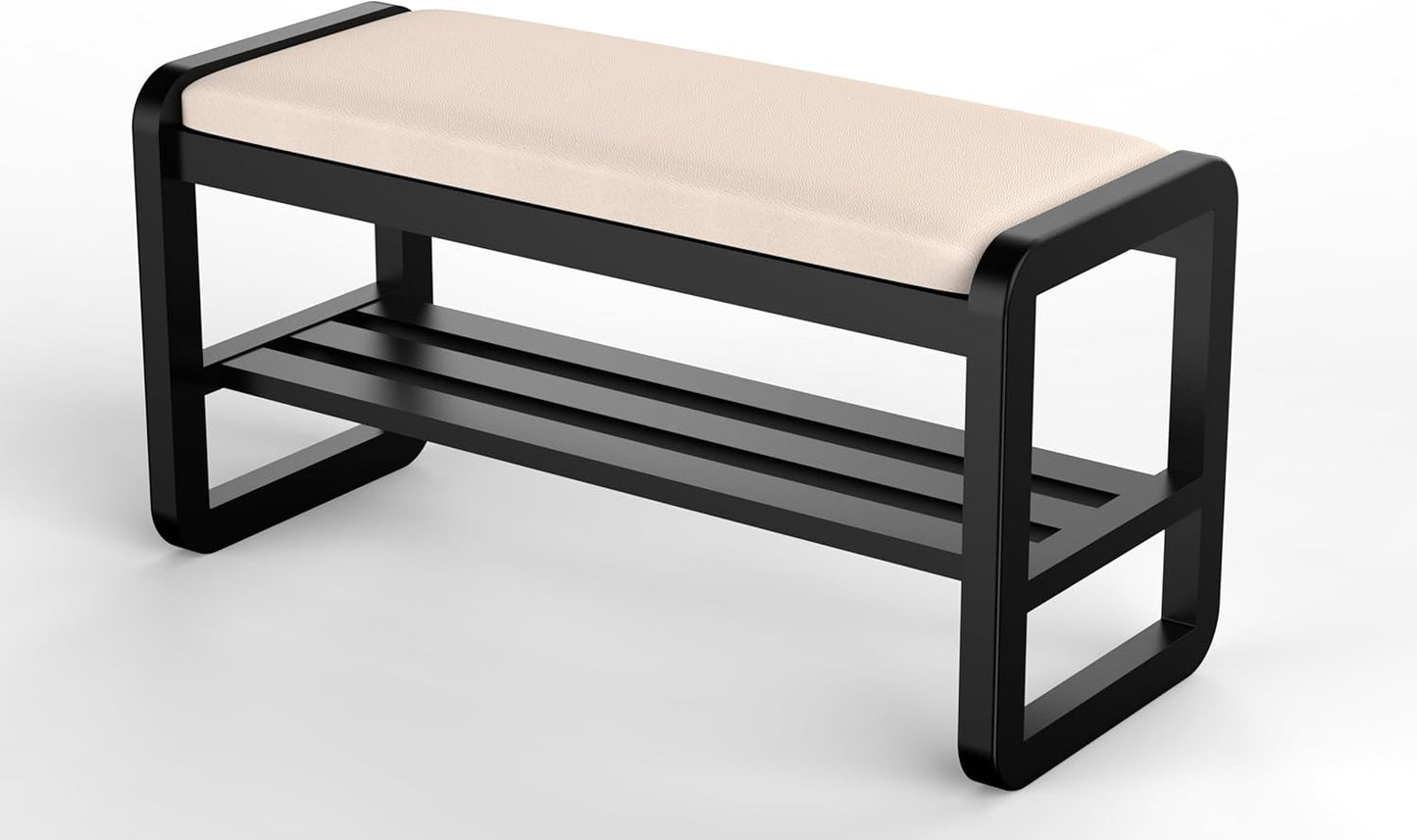 Solid Wood Shoe Rack, 2 Tier Shoe Storage Bench with Cushion Seat, 10 Pair Shoe Organizer for Entryway, Black, 39 Inch