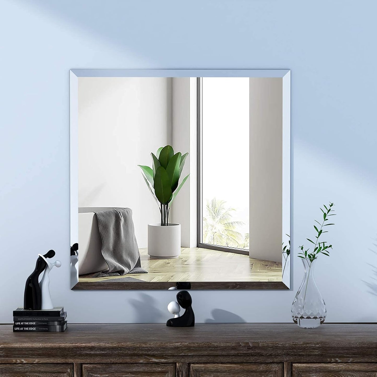 KOHROS Vanity Mirror Frameless Square Mirror, 24" x 24" Bathroom Wall Mirror w/Pencil Polished Edge, Anti-Rust, Tempered Glass, Hangs Horizontally or Vertically