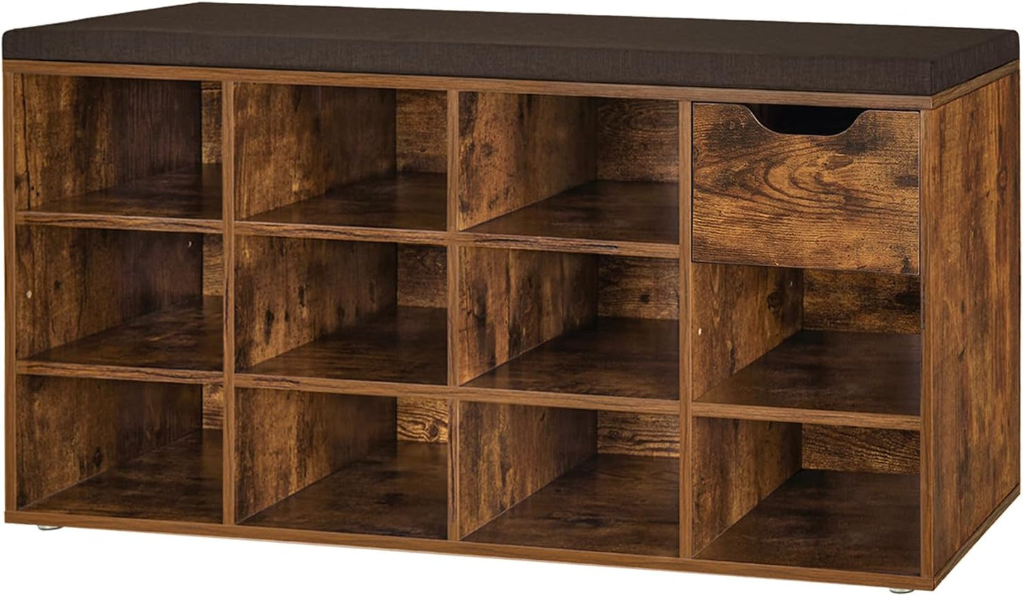 DINZI LVJ Shoe Bench, Entryway Storage Bench with Drawer and 11 Cubbies, Cubby Shoe Rack with Adjustable Shelves, Shoe Organizer Cabinet for Living Room, Mudroom, Closet and Garage, Rustic Brown