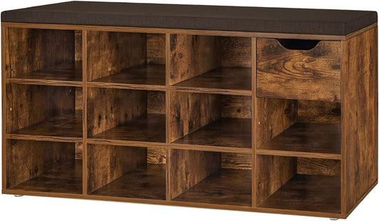 DINZI LVJ Shoe Bench, Entryway Storage Bench with Drawer and 11 Cubbies, Cubby Shoe Rack with Adjustable Shelves, Shoe Organizer Cabinet for Living Room, Mudroom, Closet and Garage, Rustic Brown