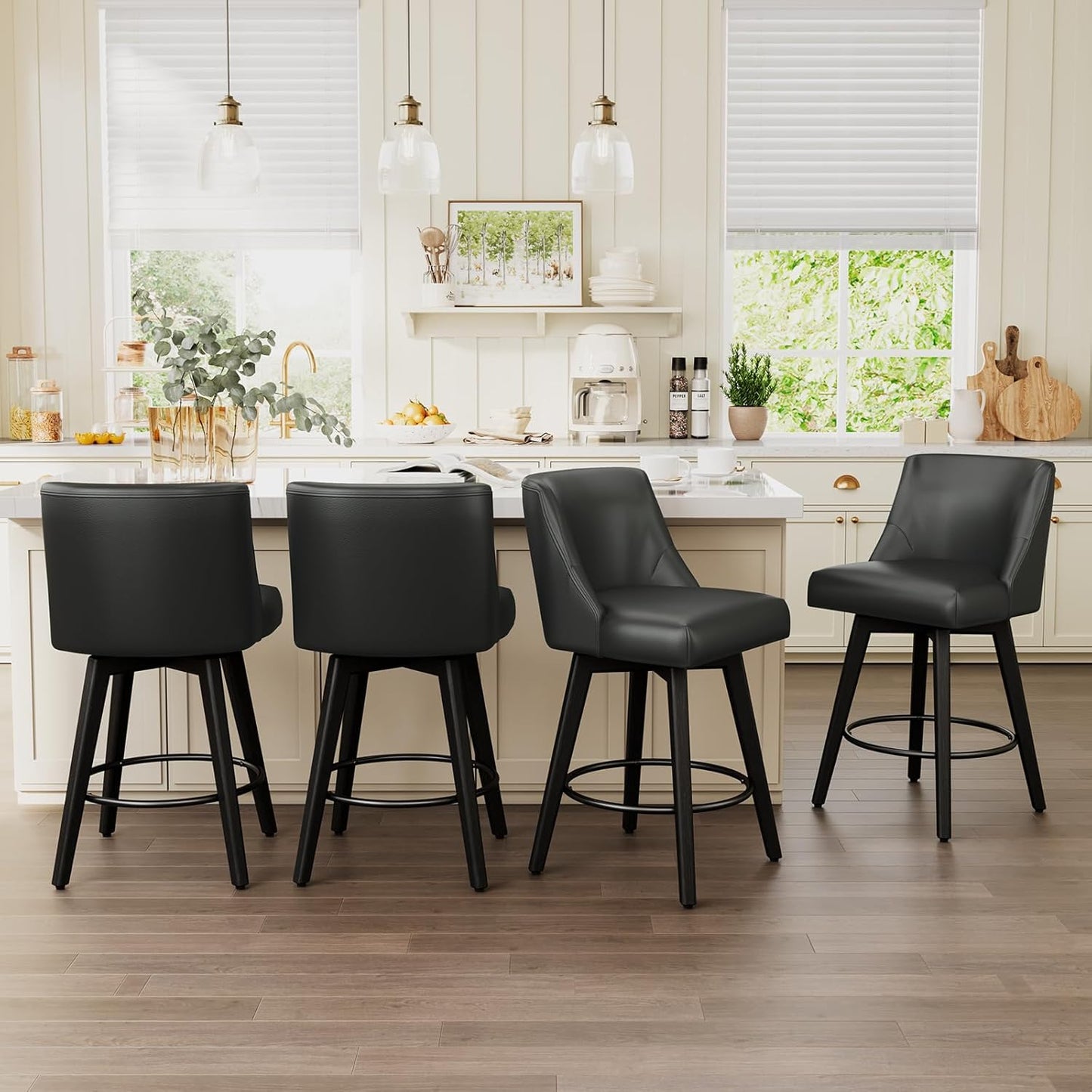 Vipbear Swivel Counter Height Bar Stools Set of 4,26.8" H Counter Stools with Back, Mid Century Modern Bar Stools for Kitchen Island,Faux Leather,Wooden Base, Black