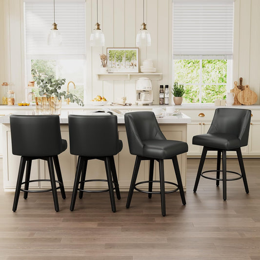 Vipbear Swivel Counter Height Bar Stools Set of 4,26.8" H Counter Stools with Back, Mid Century Modern Bar Stools for Kitchen Island,Faux Leather,Wooden Base, Black
