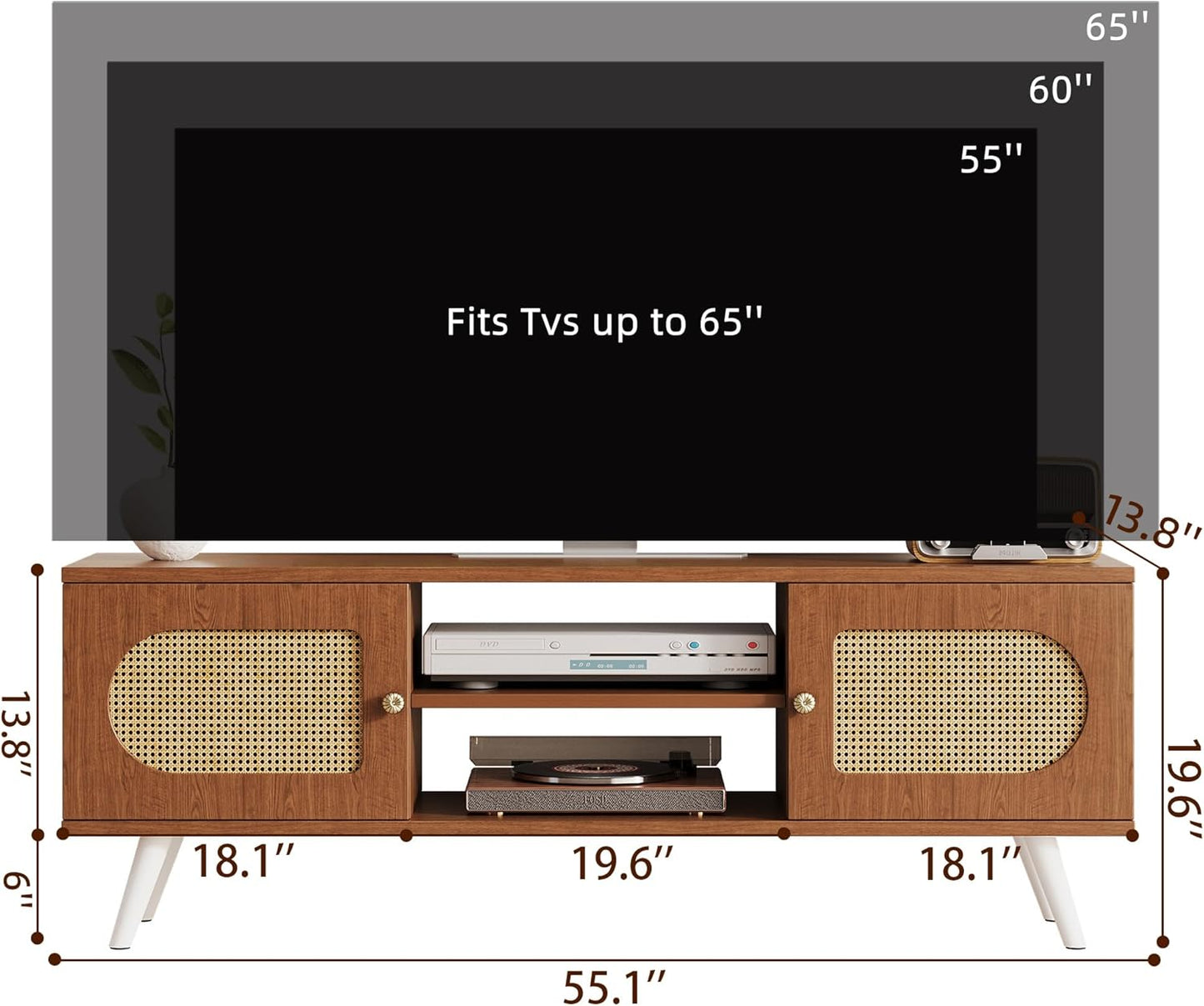55" Rattan TV Stand for 65 Inch TV Solid Wood TV Console Entertainment Center with 2 Cabinets for Living Room Bedroom, Retro Brown