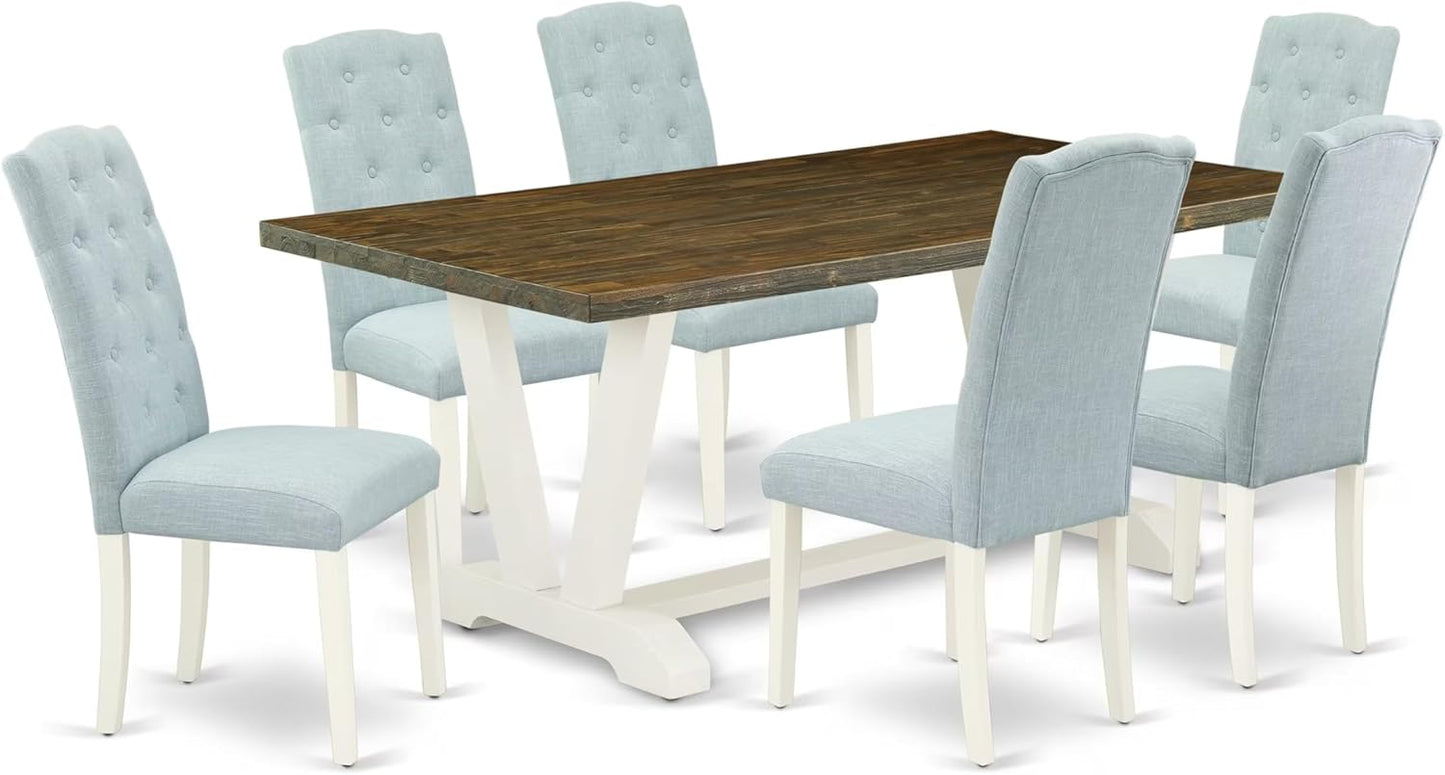 East West Furniture V077CE215-7 7 Piece Dining Set Consist of a Rectangle Dining Room Table with V-Legs and 6 Baby Blue Linen Fabric Upholstered Parson Chairs, 40x72 Inch, Multi-Color