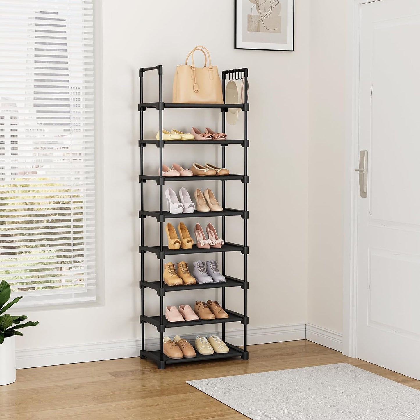 Tall Shoe Rack 8 Tiers, 16-20 Pairs Shoe and Boots Organizer Storage Sturdy Shoe Shelf, Narrow Vertical Shoe Rack for Entryway, Closet, Metal Shoe Organizer with 5 Hooks