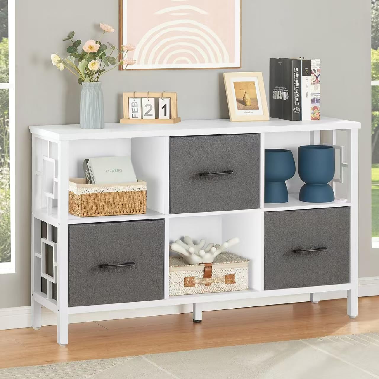 HOMISSUE 6 Cube Storage Organizer Shelf, Rustic Short Bookshelf with 3 Storage Bins, Industrial Horizontal Bookshelf with Metal Frame, Low and Wide Cube Bookcase for Living Room and Office, White