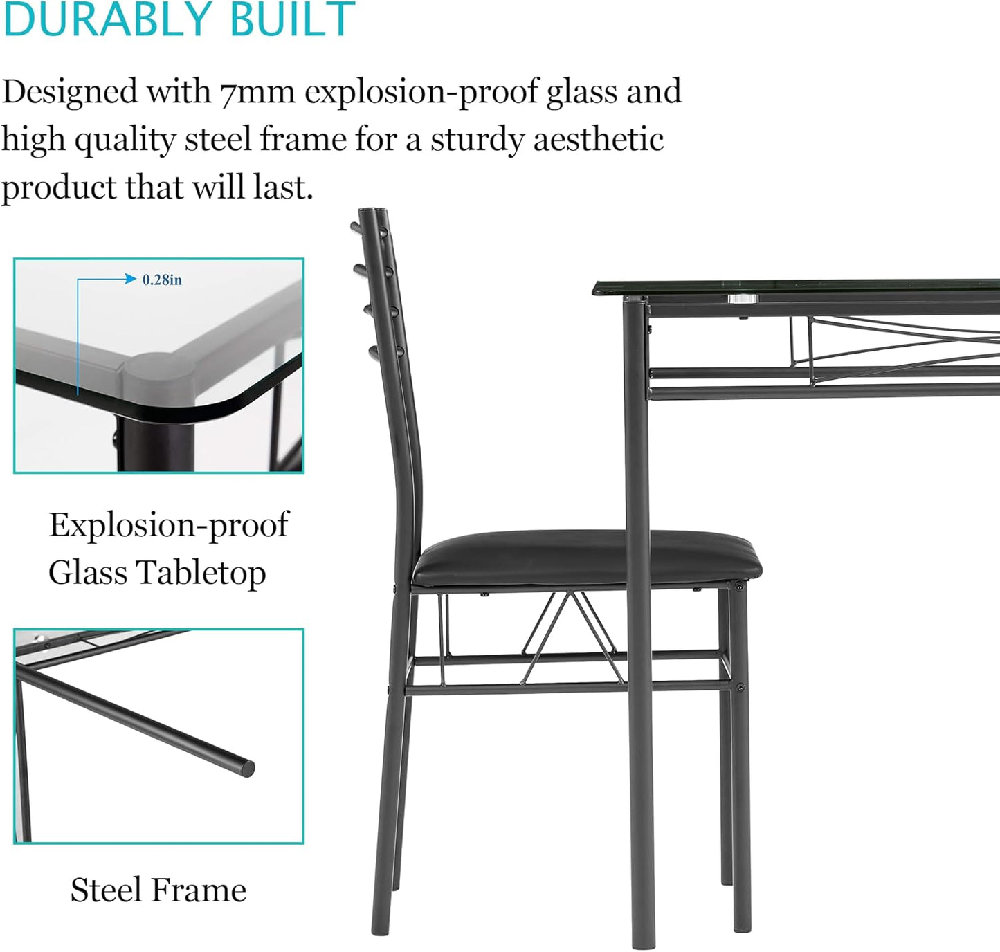 VECELO 5-Piece Kitchen Dining Table Set, Glasses Tabletop & Heavy-Duty Metel Frame, Rectangle Dinette with 4 Chairs for Small Space, Breakfast Nook, Glasses & Black