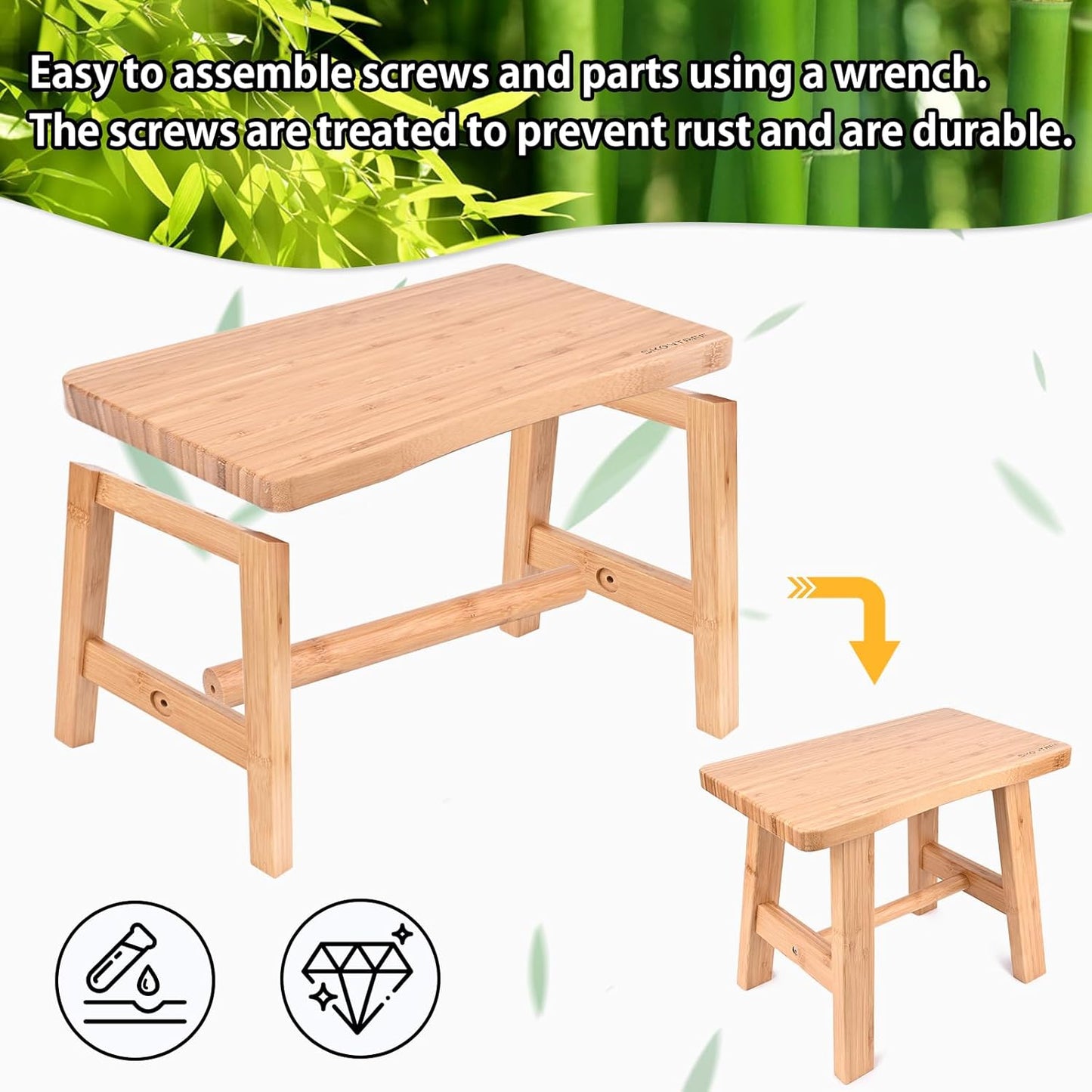 Bamboo Step Stool for Kids Adults Bathroom, 10 Inch One Step Stool You Can Sit On for Bedroom and Kitchen (Medium).