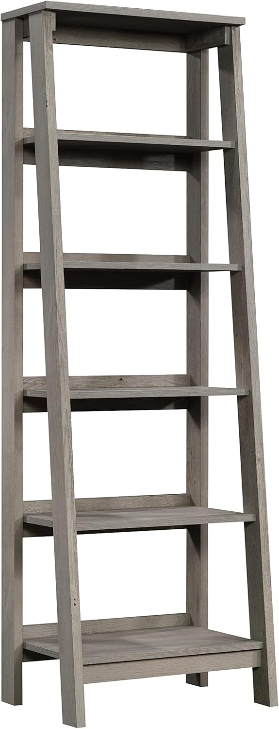 Sauder Ladder Bookshelf 5 Tier Trestle Ladder Shelf Wooden Bookcase, in Mystic Oak