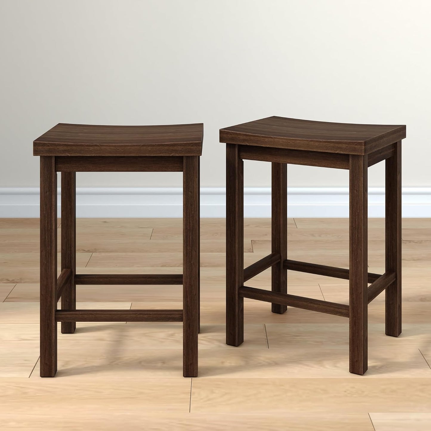 Grain & Grove Smith Collection Set of 2 Solid Wood Counter Height Bar Stools, 24-Inch Saddle Seat Backless Stools, Ideal for Kitchen Island, Dining, or Home Bar Seating, Walnut
