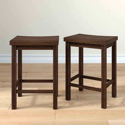 Grain & Grove Smith Collection Set of 2 Solid Wood Counter Height Bar Stools, 24-Inch Saddle Seat Backless Stools, Ideal for Kitchen Island, Dining, or Home Bar Seating, Walnut