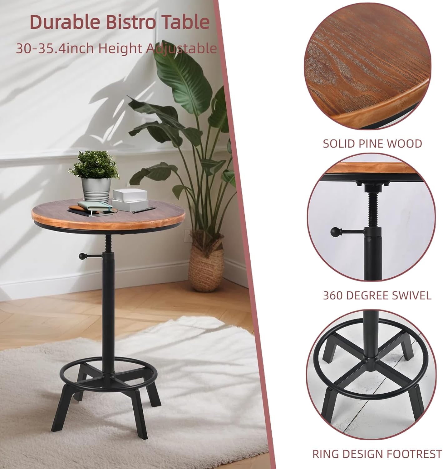 Farmhouse Bar Table 30-35.4inch Height Adjustable Rustic Bistro Pub Table for Kitchen Coffee House Vintage Cocktail Table Swivel Wooden Top