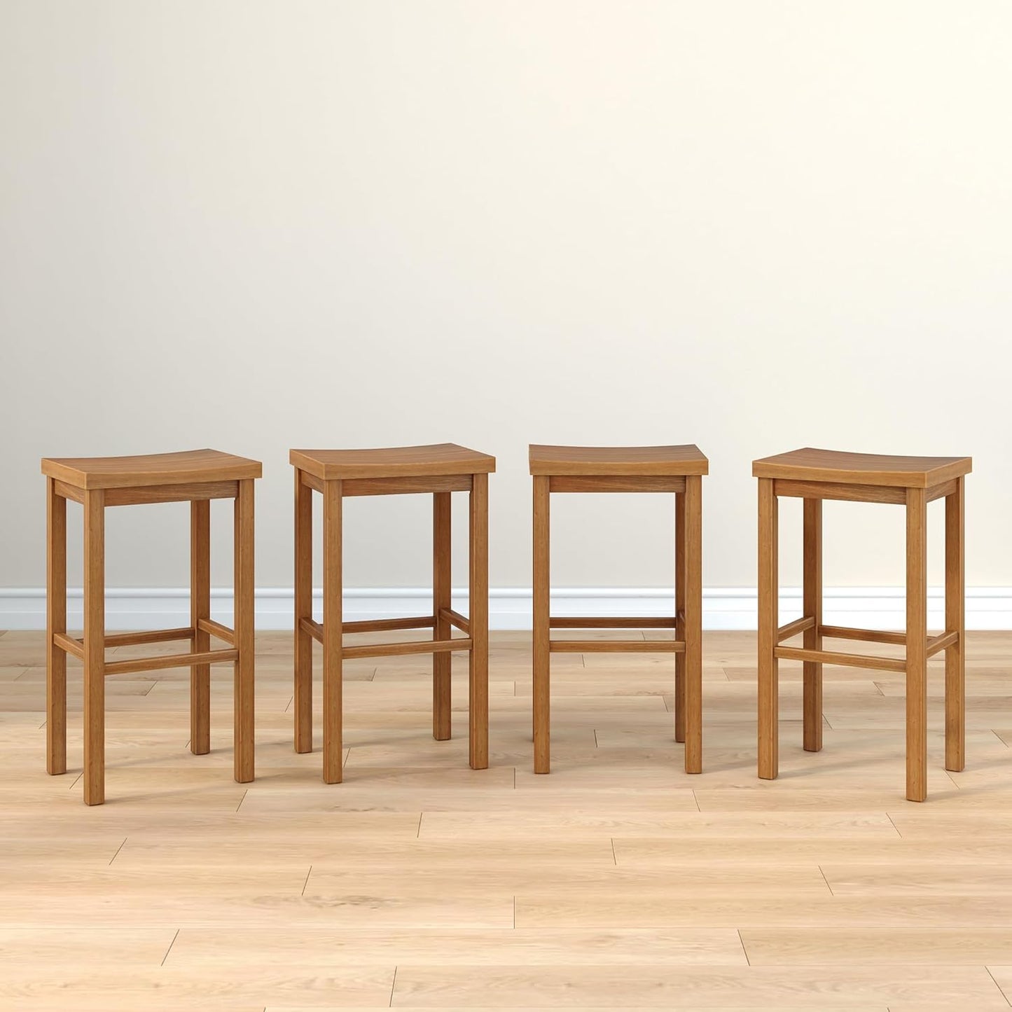 Grain & Grove Smith Collection Set of 4 Solid Wood Bar Stools, 30 inch Saddle-Seat Bar Chairs, Backless, Heavy-Duty Construction, Footrest Support, for Kitchen Islands, Home Bars, and Counters, Pecan