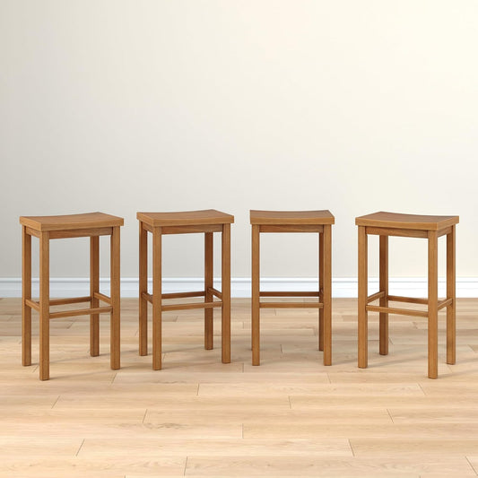 Grain & Grove Smith Collection Set of 4 Solid Wood Bar Stools, 30 inch Saddle-Seat Bar Chairs, Backless, Heavy-Duty Construction, Footrest Support, for Kitchen Islands, Home Bars, and Counters, Pecan