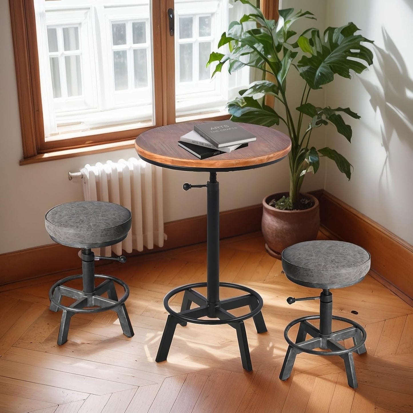 Vintage Short Bar Stools Swivel PU Seat 15-21inch Height Adjustable Extra Guest Chair Kitchen Island Counter Stool(Set of 2)