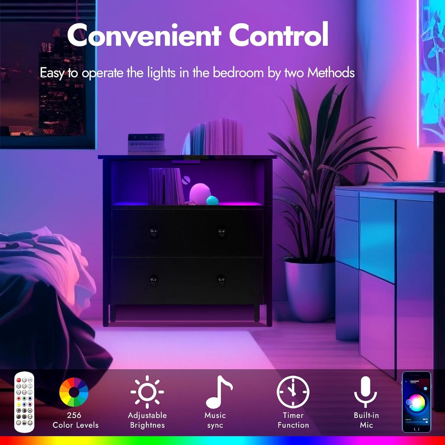 27 Inch Wide Night Stand, Large Wood Night Stand with 2 Drawer, LED Nightstand with Charging Station and Adjustable Drawer, Bedside Table for Living Room/Bedroom/Study/Office, Black.