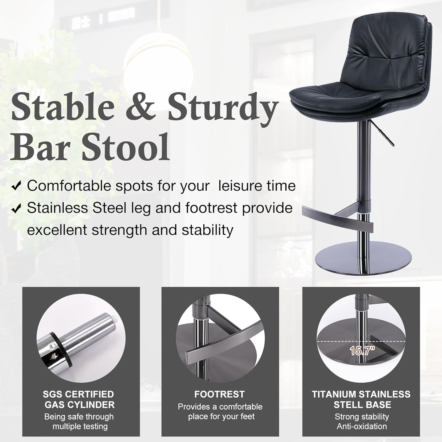 CozyRain Bar Stools Adjustable Stainless Steel Swivel Barstool with Back and Footrest,Modern Faux Leather Upholstered Bar Chairs for Home,Kitchen,Bar, Counter Black/Light Brown (Black)