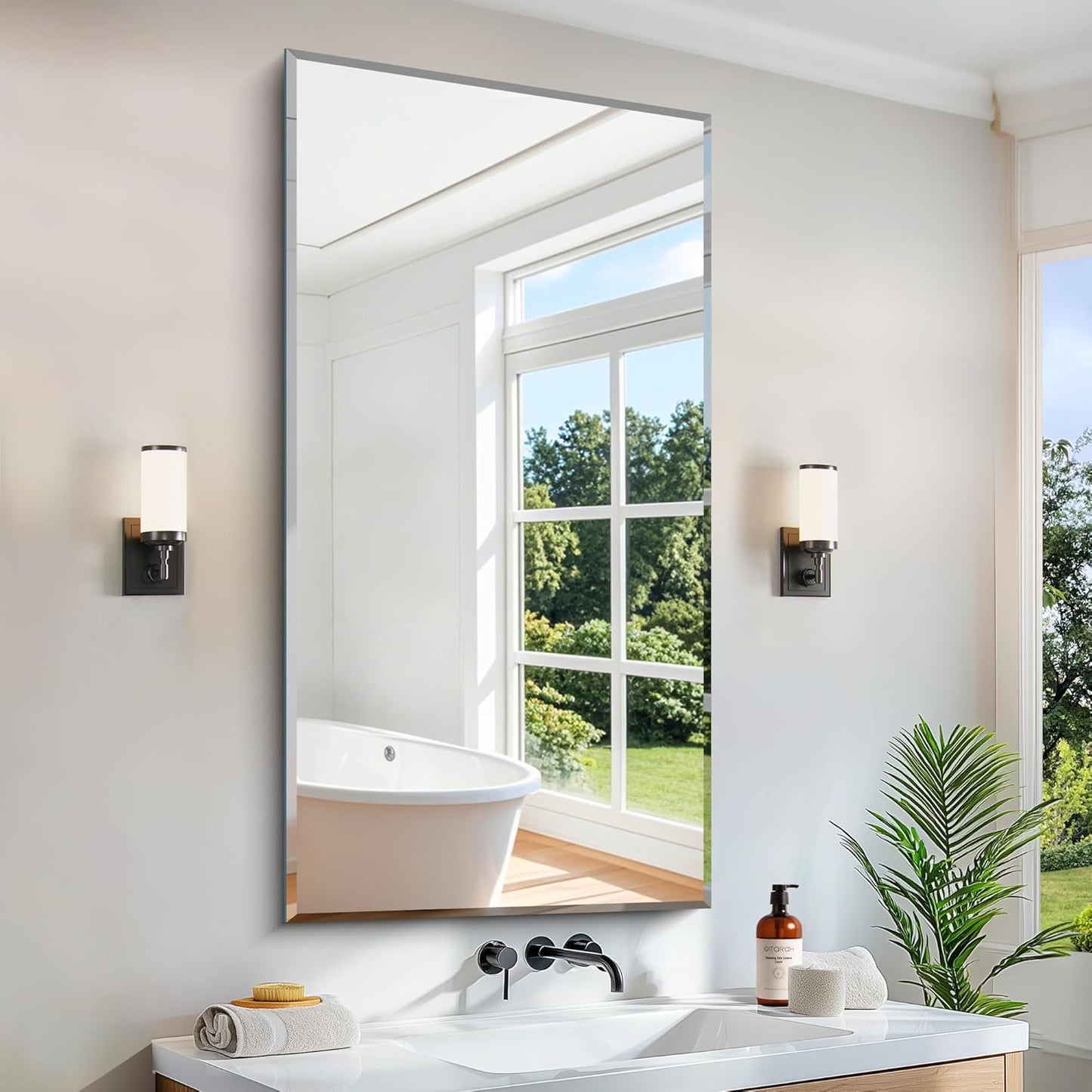 24x48 Large Beveled Mirror, Frameless Beveled Bathroom Mirrors for Over Sink, Upgraded Shatterproof Beveled Vanity Mirror for Bathroom,Bedroom,Living Room and Entryway