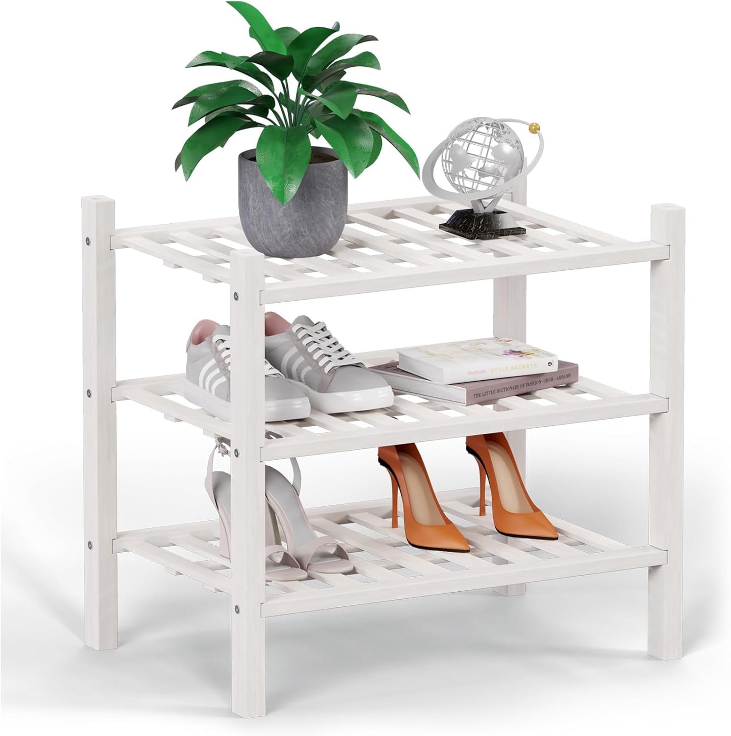 Haddockway small 3 Tier Bamboo Shoe Rack Storage Organizer, Multifunctional Free Standing Stackable Shoe Shelf with Grid Panel for Closet,Hallway,Entryway,Small Space 18"x11"x17"(White, 3-Tier(Small))