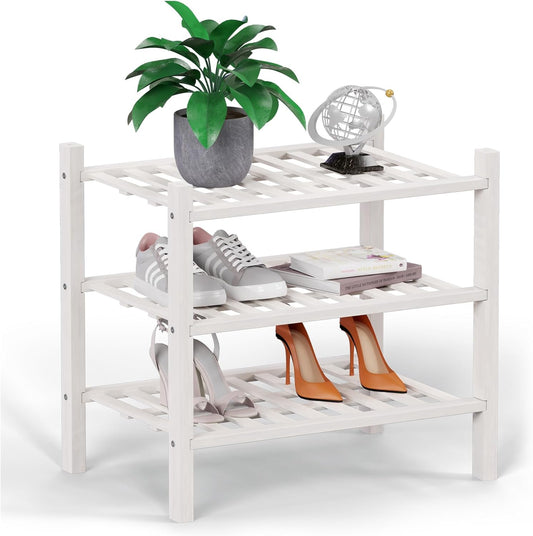 Haddockway small 3 Tier Bamboo Shoe Rack Storage Organizer, Multifunctional Free Standing Stackable Shoe Shelf with Grid Panel for Closet,Hallway,Entryway,Small Space 18"x11"x17"(White, 3-Tier(Small))