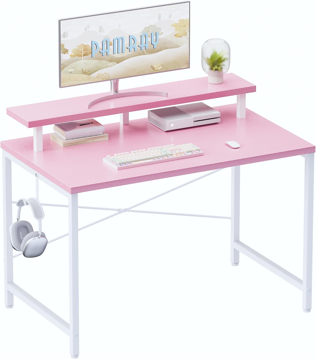 Pamray 32 Inch Small Computer Desk with Monitor Stand, Simple Office Desk with Headphone Hook for Small Spaces, Kids Study Writing Table for Bedroom, Pink