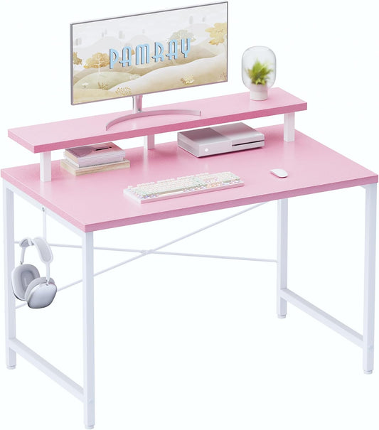 Pamray 32 Inch Small Computer Desk with Monitor Stand, Simple Office Desk with Headphone Hook for Small Spaces, Kids Study Writing Table for Bedroom, Pink