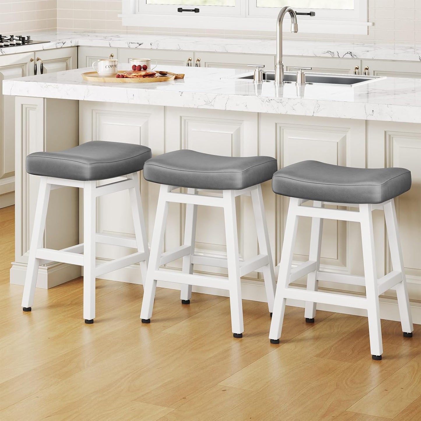 Counter Height Bar Stools Set of 3, 24 Inch Barstools for Kitchen Counter, Kitchen Stools with Bonded Leather Saddle Seats & Heavy Duty Metal Legs, Easy Assembly, Gray/White