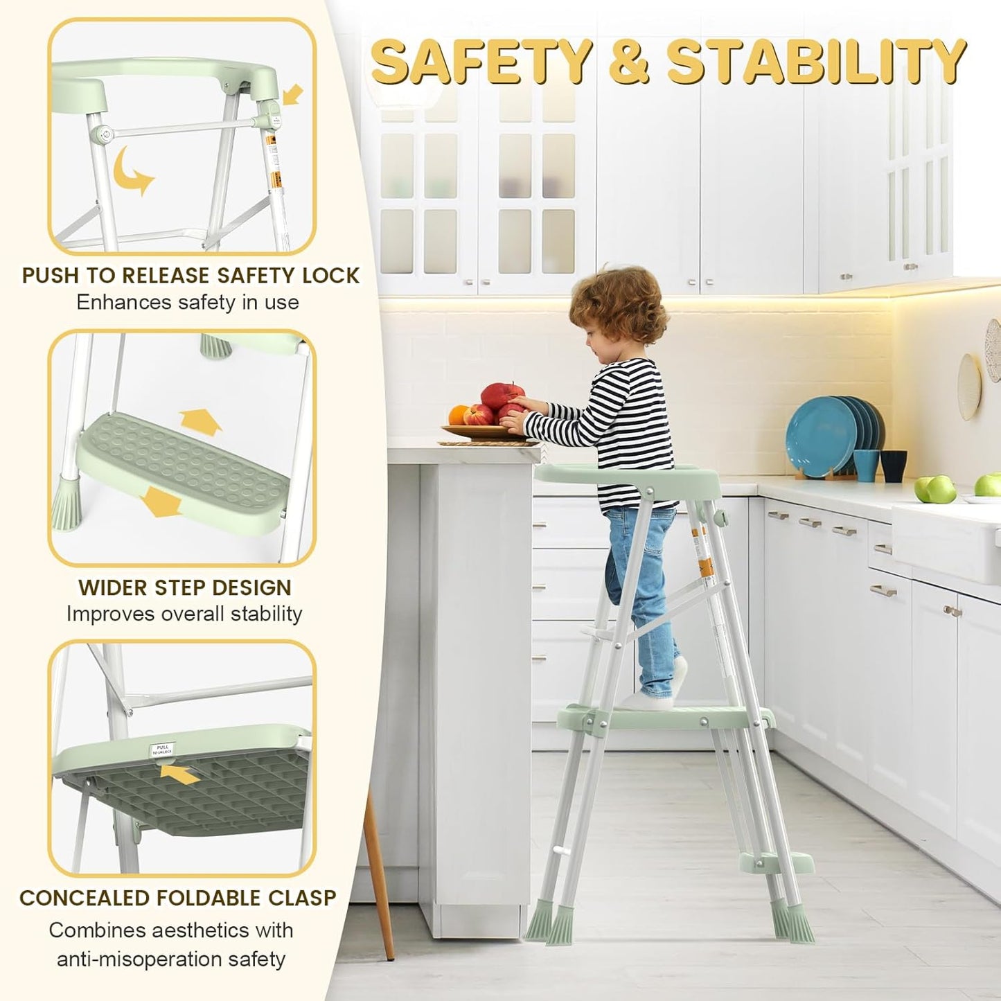 Kids Step Stool 2 Steps, Toddler Tower for Kitchen Counter Learning, Toddler Kitchen Stool Helper with Anti-Drop Safty Railing Kids Standing Folding Stepper, Green
