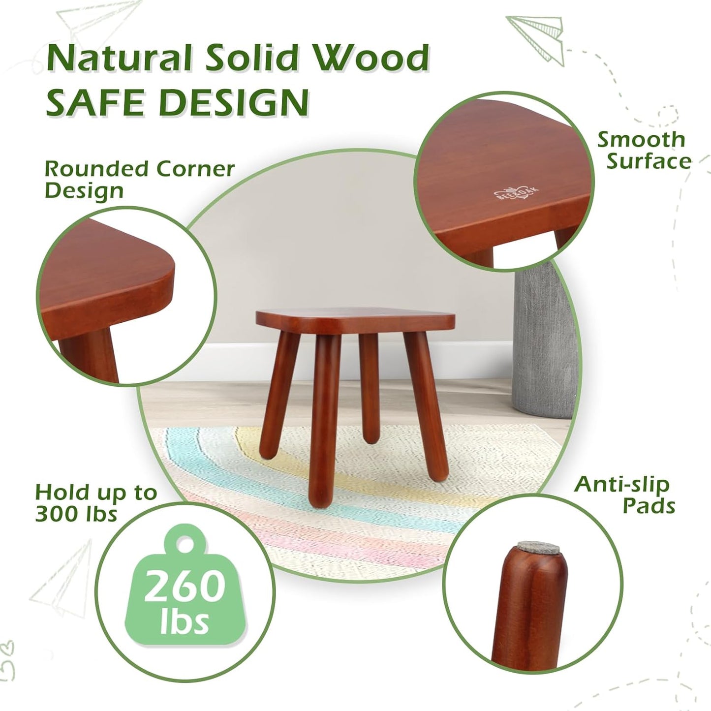 BEE&OAK Wooden Step Stools for Adults, Solid Rubber Wood Non-Slip Step Foot Stool, Heavy Duty 300 lbs One Step Stool for Bedroom, Bathroom, Kitchen (Red-Brown, 9.25" (D) x 9.25"(W) x 8.86"(H))