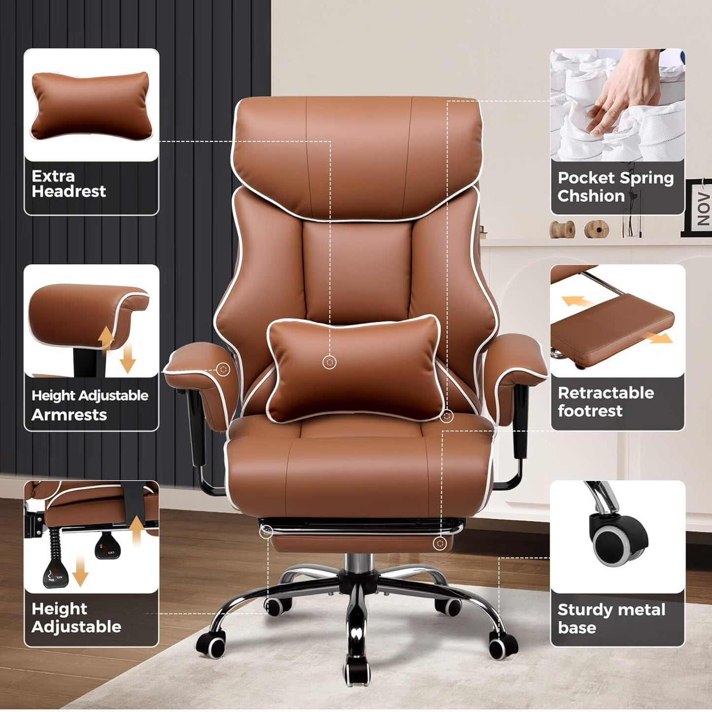 COMHOMA Big and Tall Office Chair 400lbs High Back Leather Executive Chair with Ergonomic Lumbar Support & Pocket Spring Cushion for Lower Back Pain Relief, Computer Gaming Chair with Foot Rest, Brown