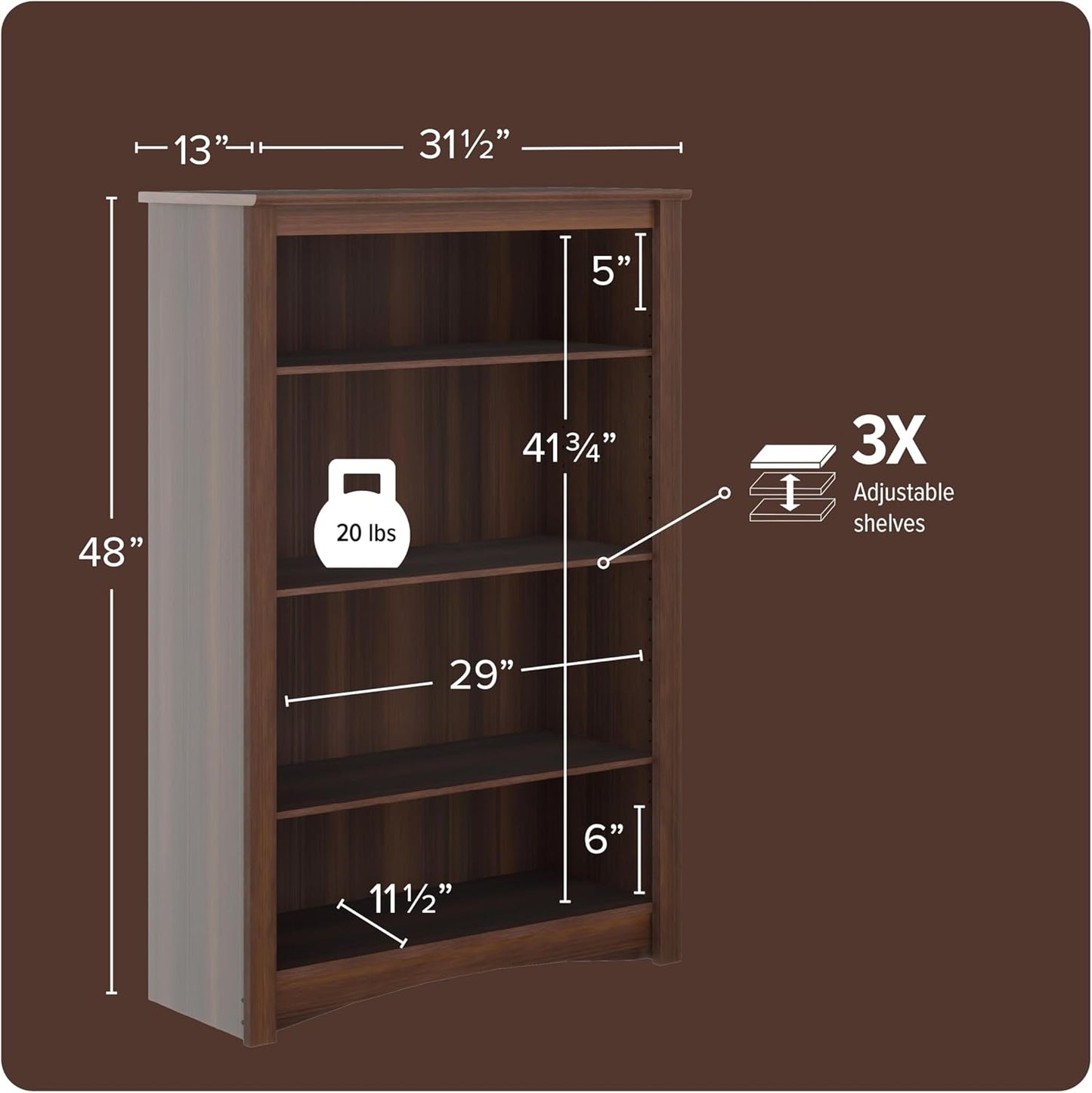 Prepac Sonoma 4-Tier Bookcase 48"H with 3 Adjustable Shelves, Espresso Storage Cabinet, Modern Display Cabinet, Bookshelf with Storage Shelves for Home Office, Living Room, Bedroom Organizer