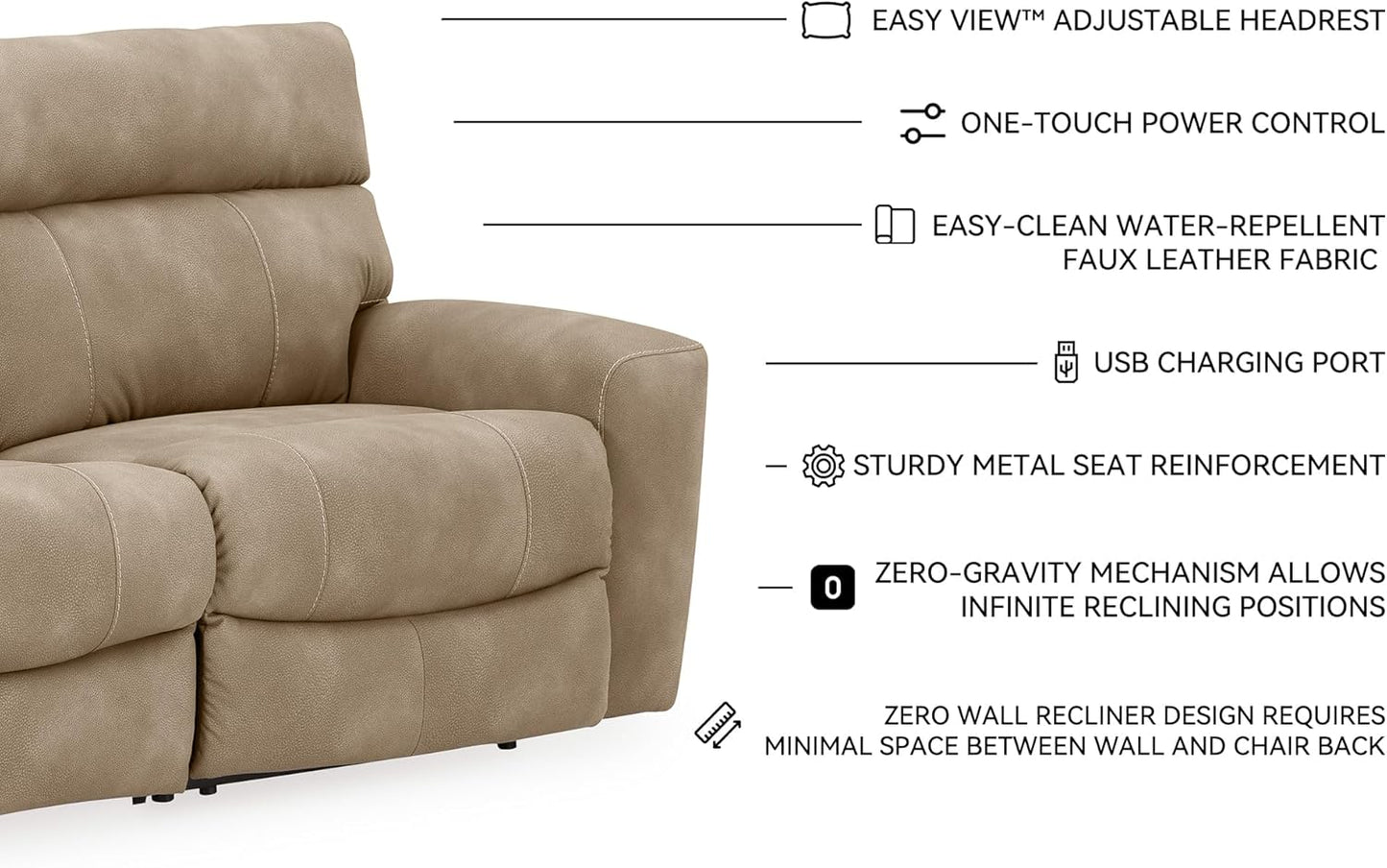 Signature Design by Ashley Next-Gen DuraPella Contemporary Faux Leather Modular Wall Hugger 3-Piece Power Reclining Sectional Sofa with Adjustable Headrest and USB Ports, Light Brown