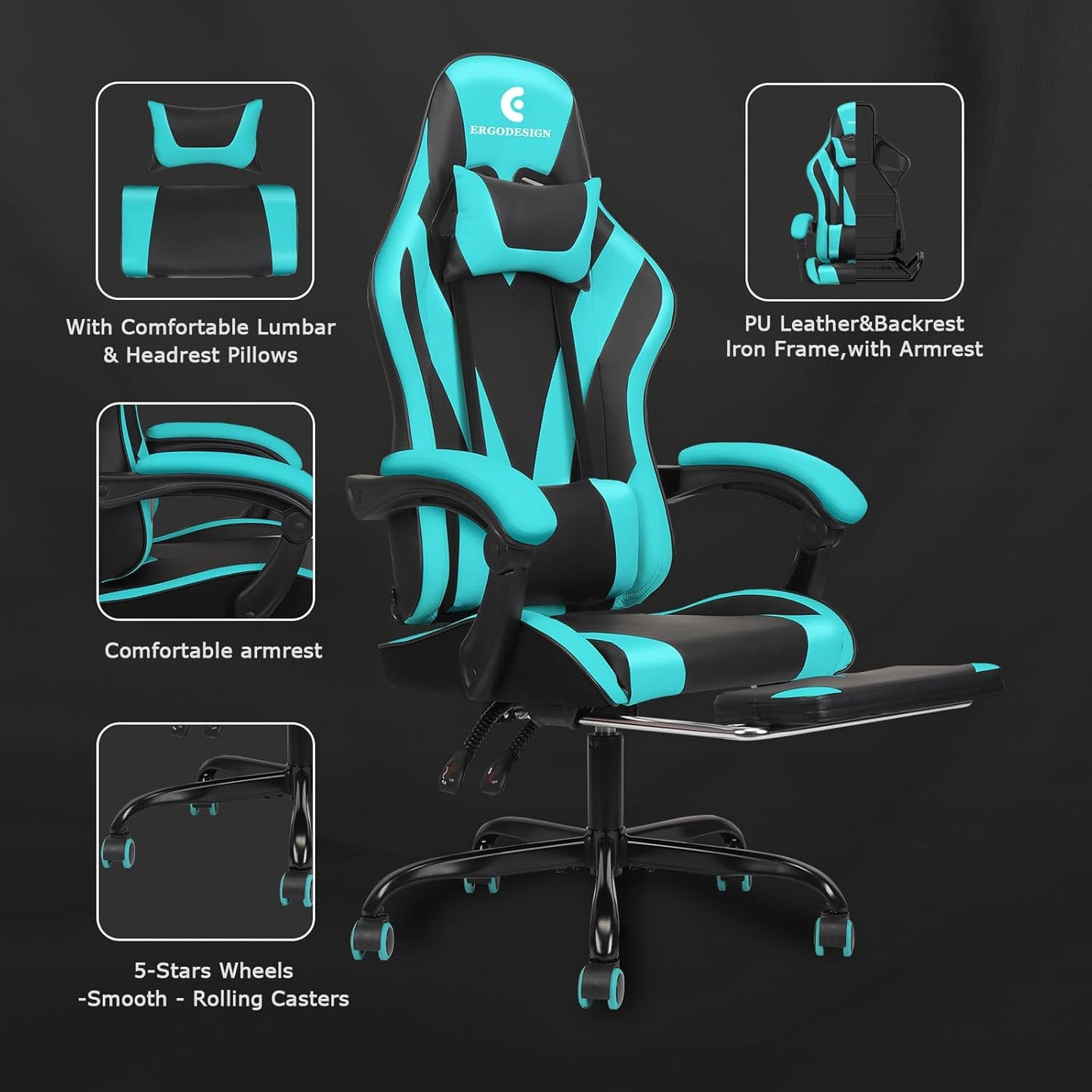 Gaming Chair with Linkage Armrest & Footrest, High Back Video Gaming Chair, Black/Light Blue