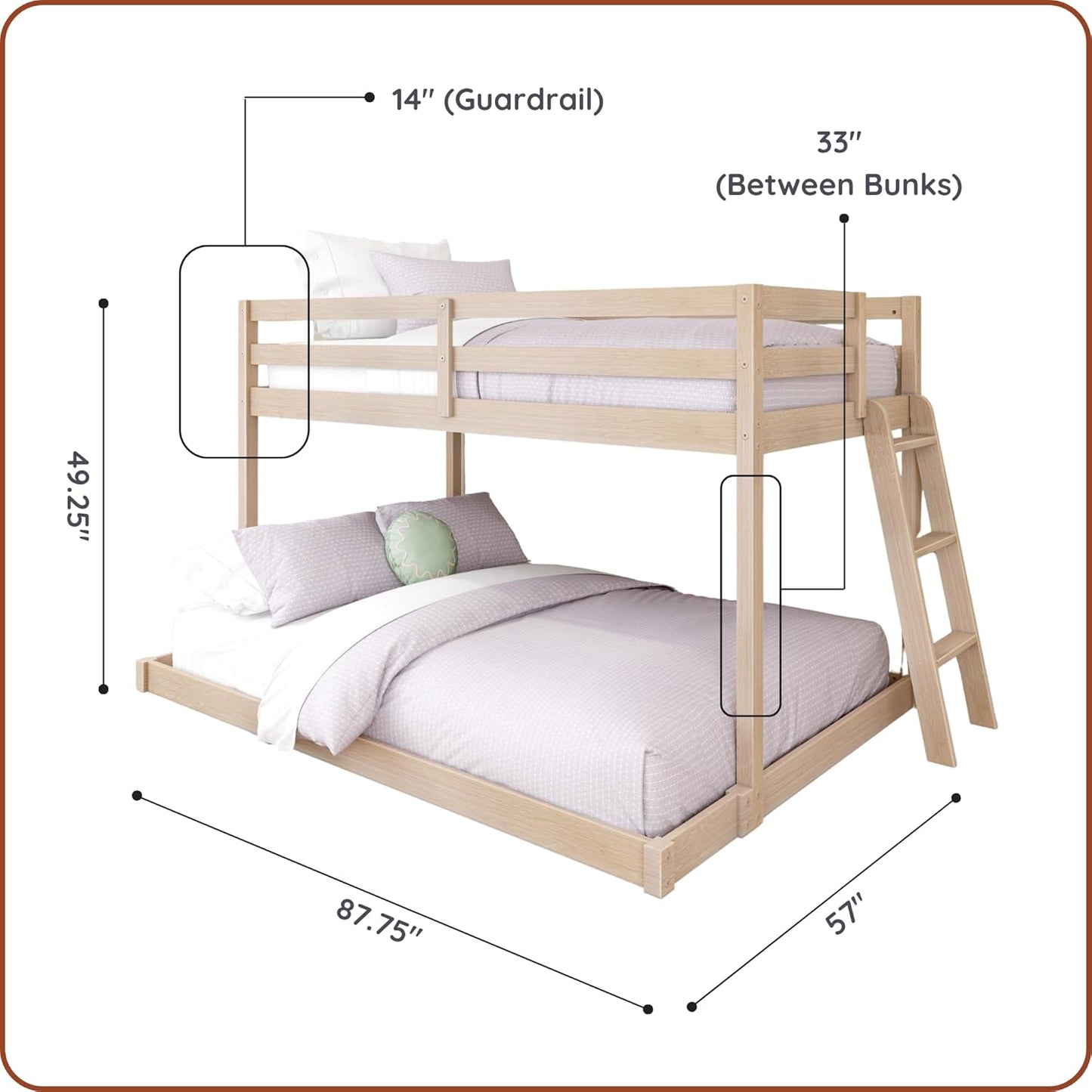 Grain & Grove Bear Twin Over Full Bunk Bed, Low Bunk Bed Frame for Kids, Bunk with Ladder, Guardrail and Slats, No Box Spring Required, Oak Embossed Natural