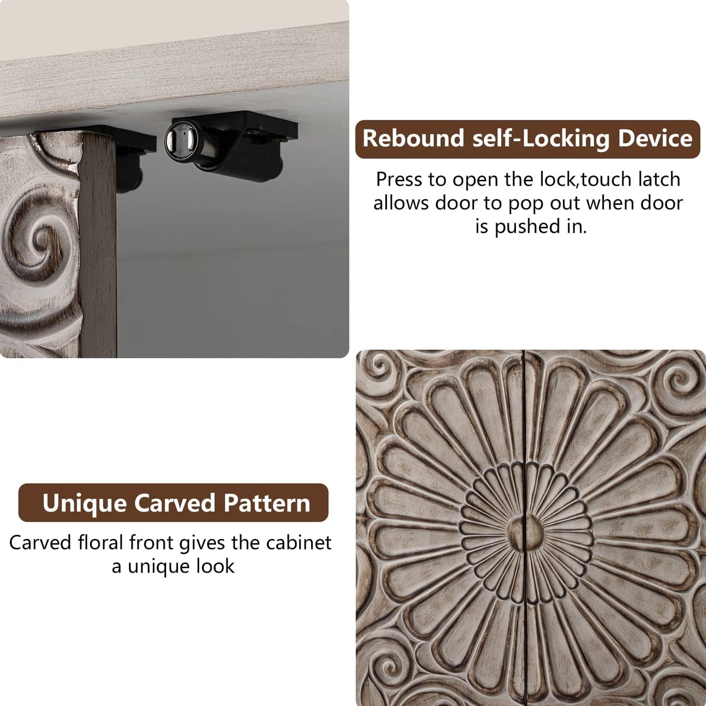 COSIEST Set of 2 32" Buffet Sideboard Cabinets with Storage, Accent Cabinet with Push-to-Open Doors, Vintage Flower Carved Pinewood Doors, Entryway Console for Living Room, Kitchen, Hallway, Gray