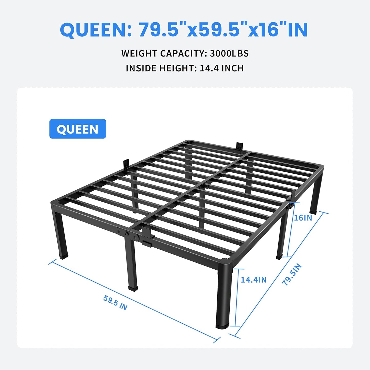 MAF 16 Inch Queen Bed Frames with Round Corner Legs Mattress Slide Stopper No Box Spring Needed Heavy Duty Metal Platform Bed Frame Under-Bed Storage Space, 3000 LBS Steel Slats Support