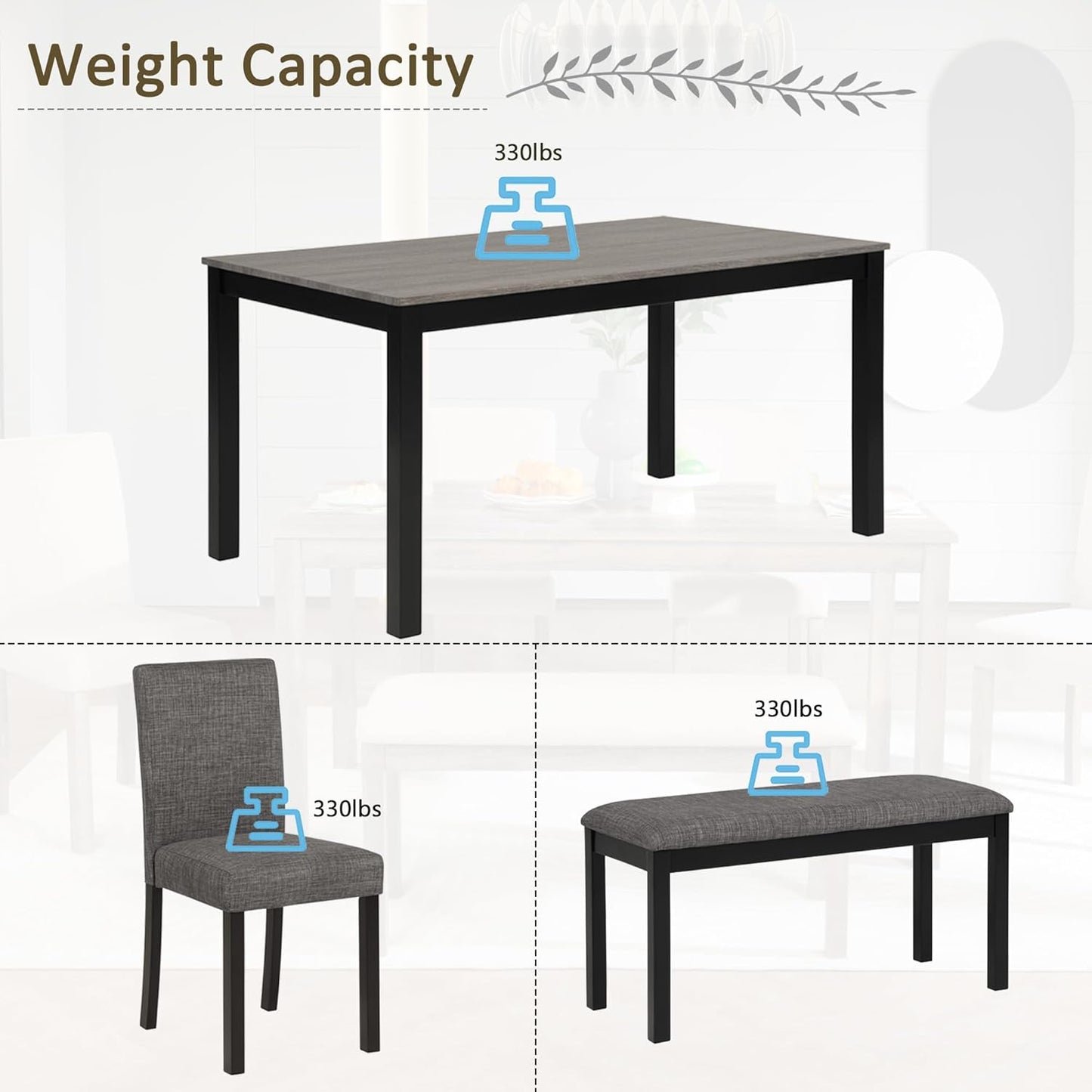 soges 6-Piece Kitchen Dining Table Set with Bench and Chairs, Dining Table Set for 6 with Bench, Wooden Table Set for Kitchen, Dining Room, Grey