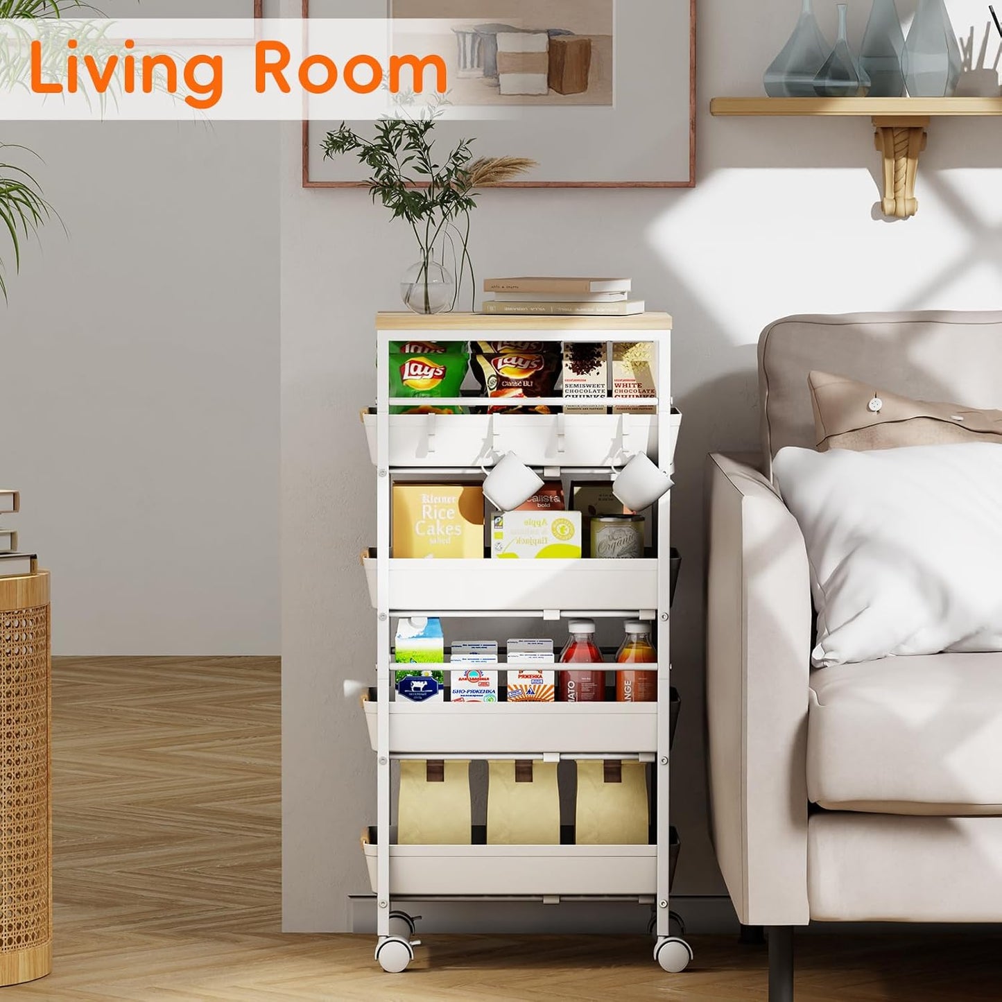 5-Tier Kitchen Storage Cart, Wood Top Rolling Cart Organizer with Pull-Out Baskets & Wheels, Metal Snack Cart with Holder for Fruit, Vegetable, Microwave, Kitchen, Pantry, White