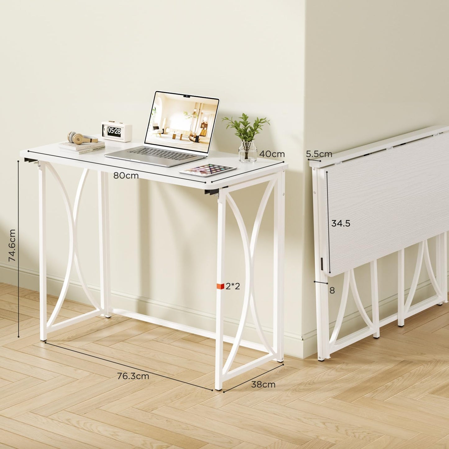 Foldable Desk, 31.5" Small Desk for Bedroom, Space Saving Folding Computer Desk for Home Office, Easy Assembly, White
