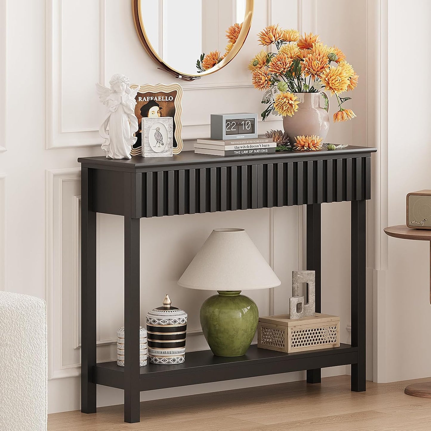 Fluted Console Table with 2 Drawers Narrow Sofa Table with Open Storage Shelf Modern Behind Couch Tables Long Entryway Table for Foyer Hallway