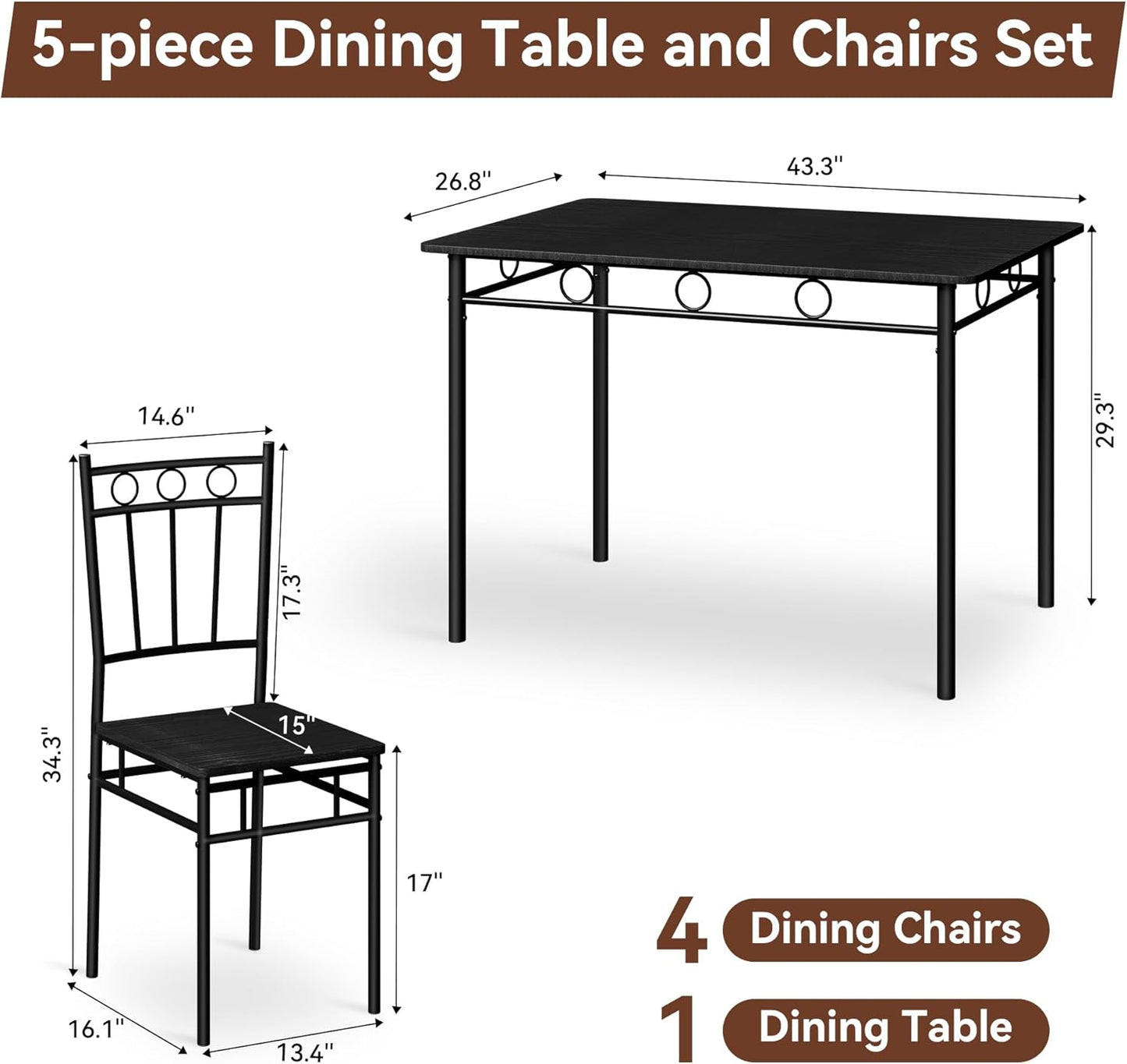 Vipbear Kitchen Dining Table Set for 4, 5-Piece Kitchen Table Set,Dining Room Table Sets,Rectangular Kitchen Table Set with 4 Chairs for Small Space, Dinette,Apartment,Rustic Black